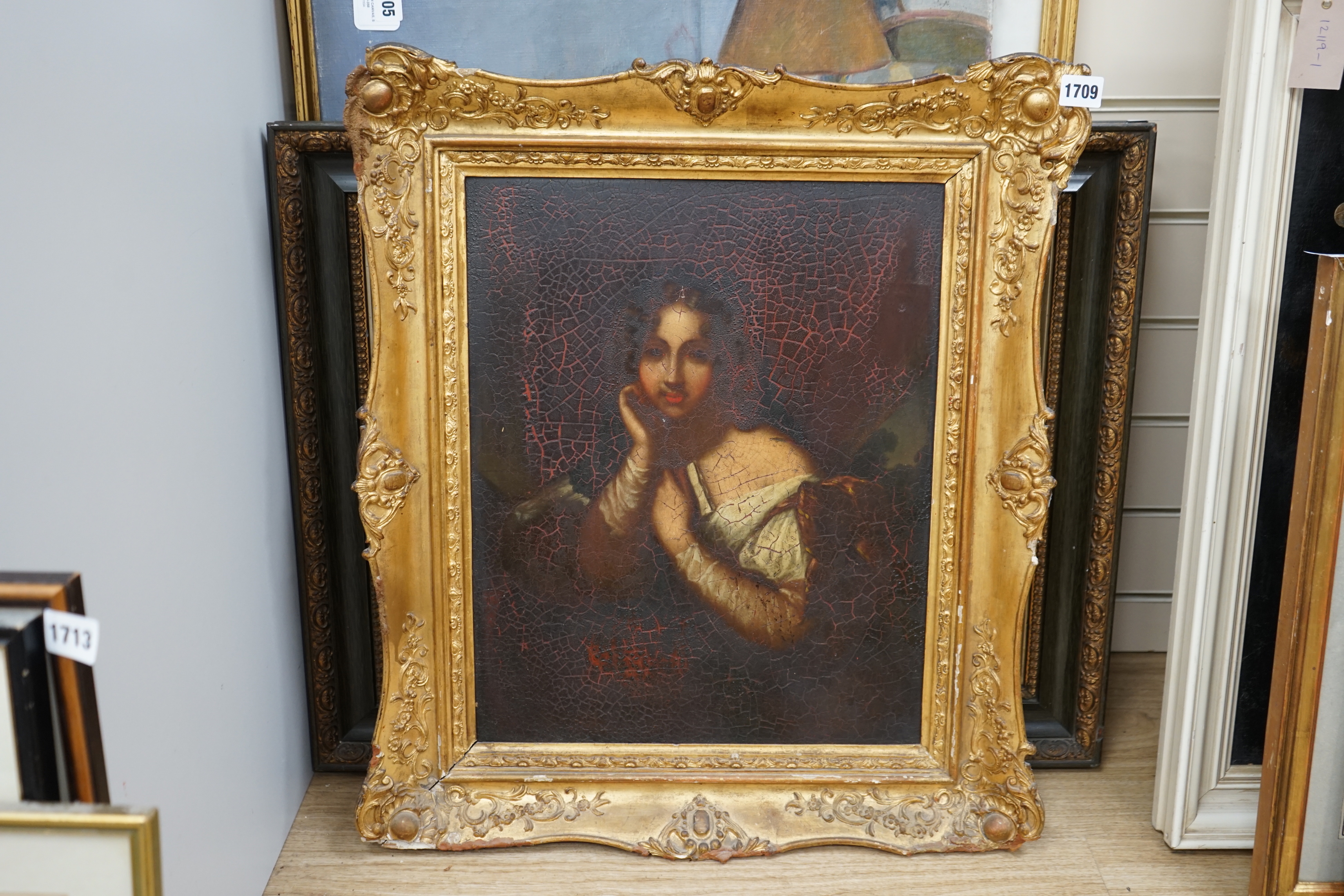 19th century Italian school, oil on zinc, Portrait of a seated girl, gilt framed, 47 x 38cm